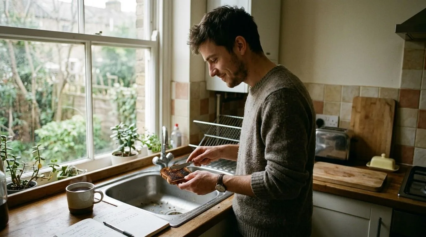 Man Scraping Burnt Toast Mindful Self Compassion