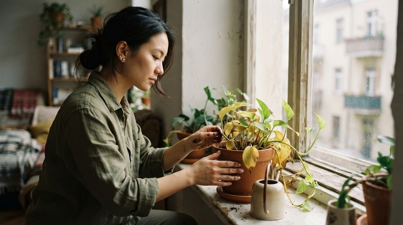 Woman Watering Houseplant Self Healing