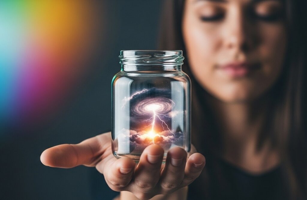 Woman holding a glass jar with swirling thunderstorm