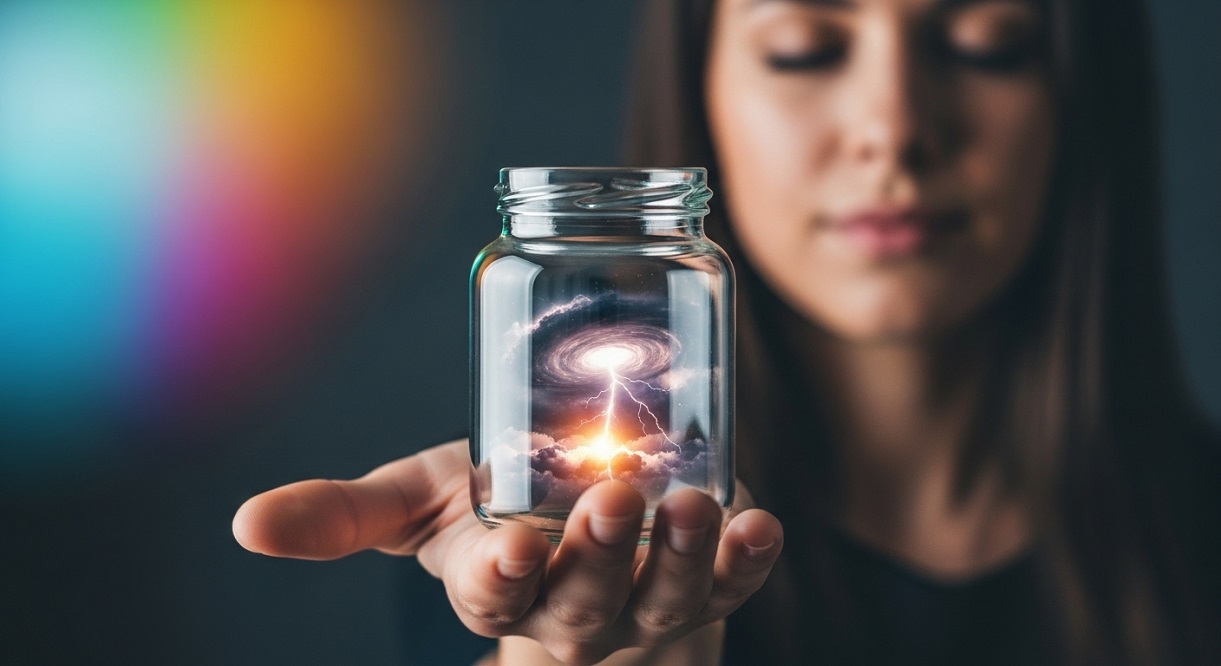 Woman holding a glass jar with swirling thunderstorm