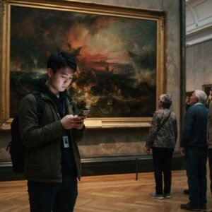 Man-Scrolling-Phone-in-Museum-Social-Media-Addiction