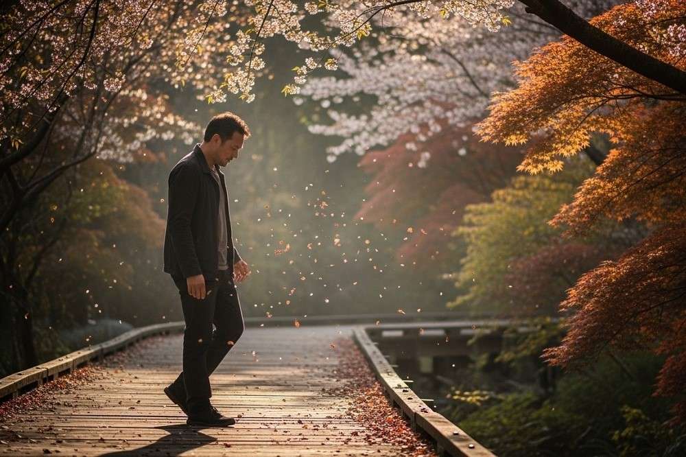 Man-Walking-on-a-wooden-walkway