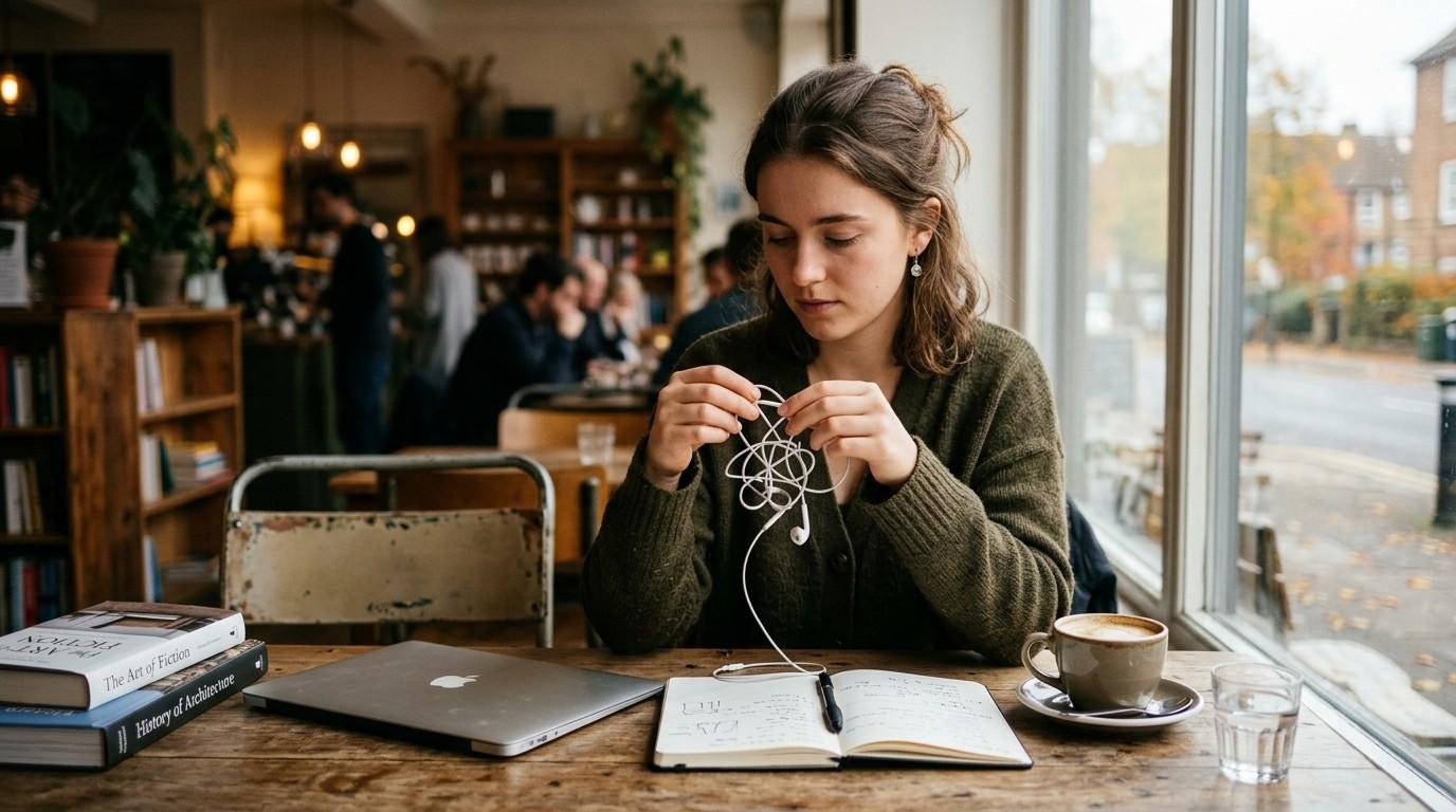 Student-Untangling-Earphones-Feeling-Overwhelmed