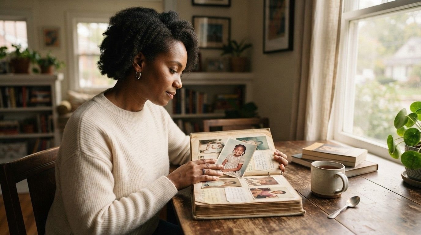Woman-Looking-at-Photo-Album-Childhood-Trauma