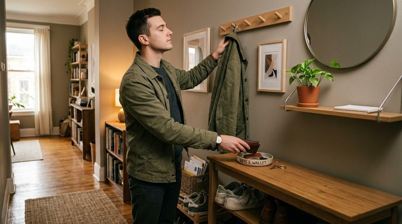 Man Returning Home Placing Items Minimalist Lifestyle