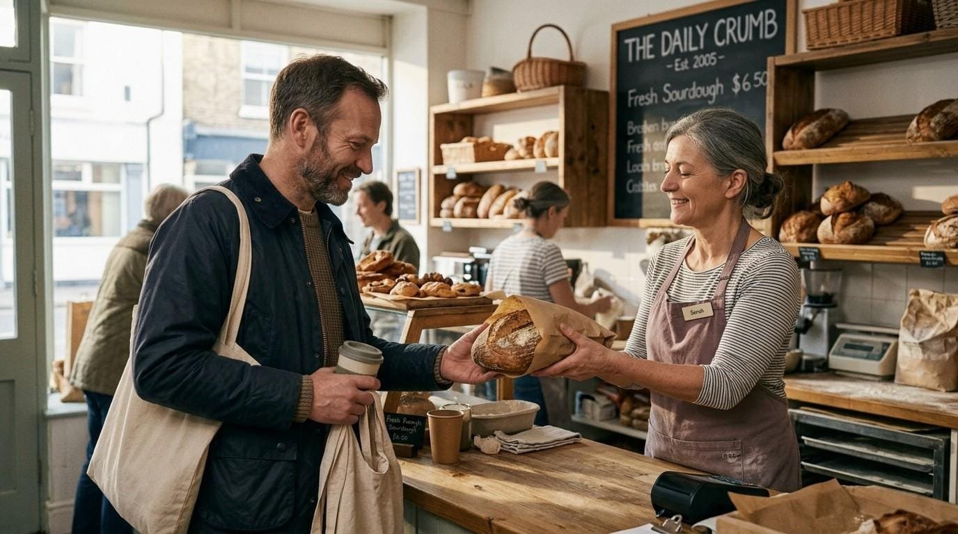 Man-at-Bakery-Greeting-Baker-Happy-People