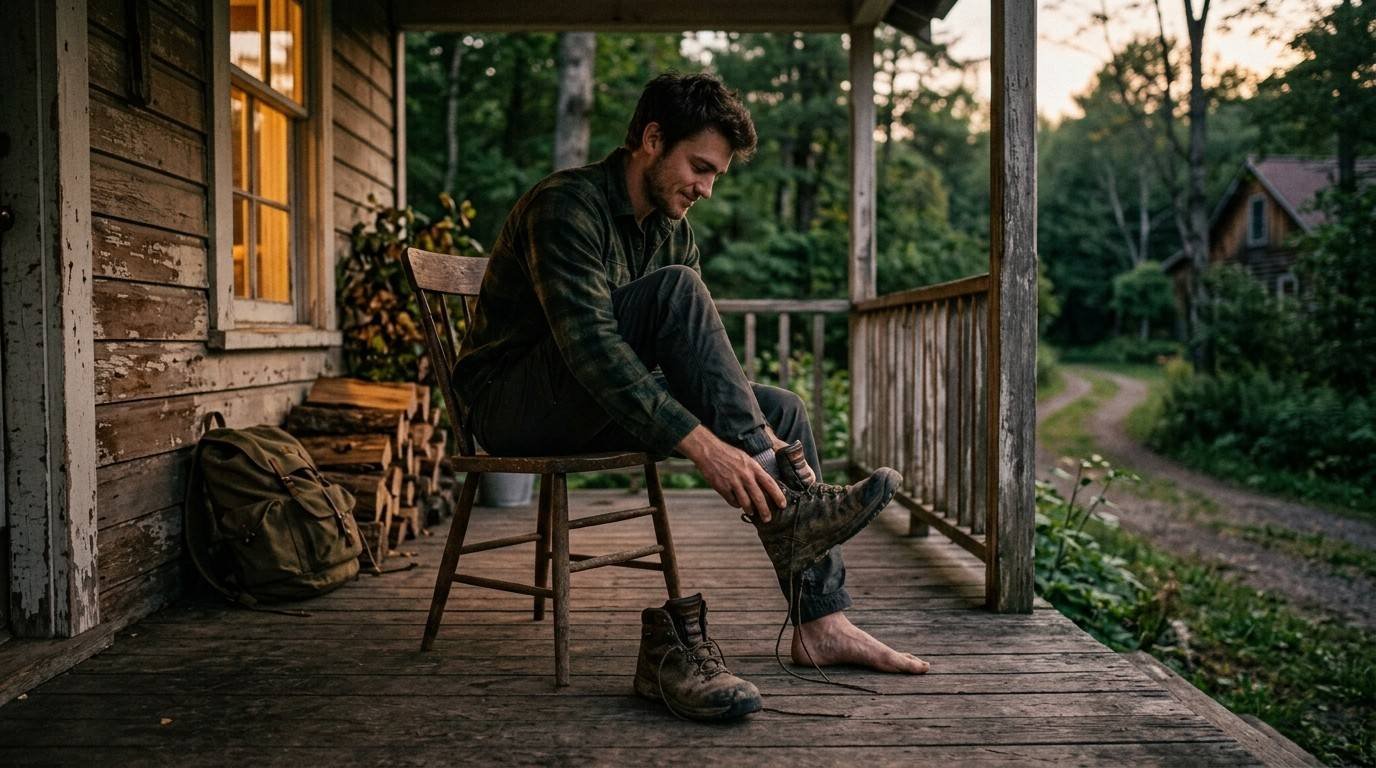 Man-Removing-Hiking-Boots-Happy-Life