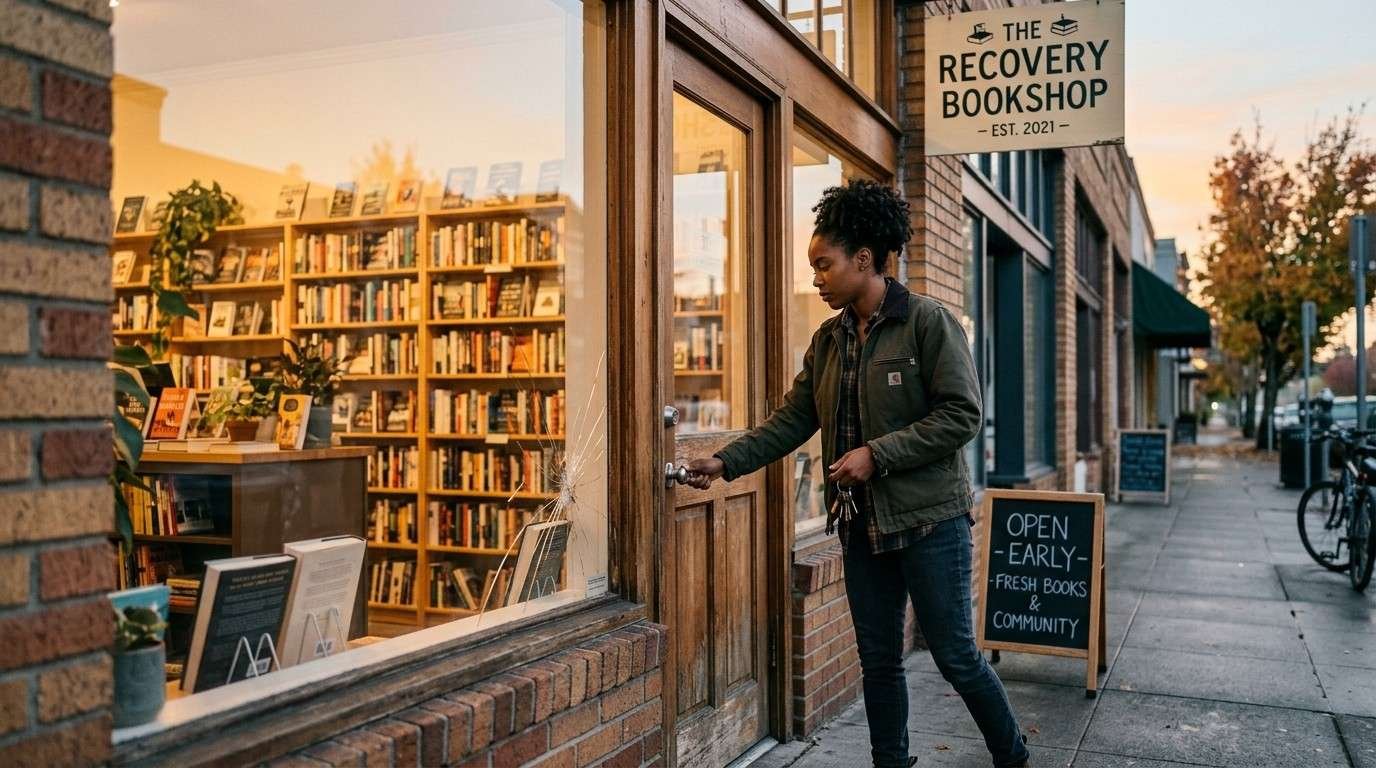 Shop-Owner-Unlocking-Bookstore-Overcome-Adversity