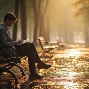 Man-journaling-on-park-bench