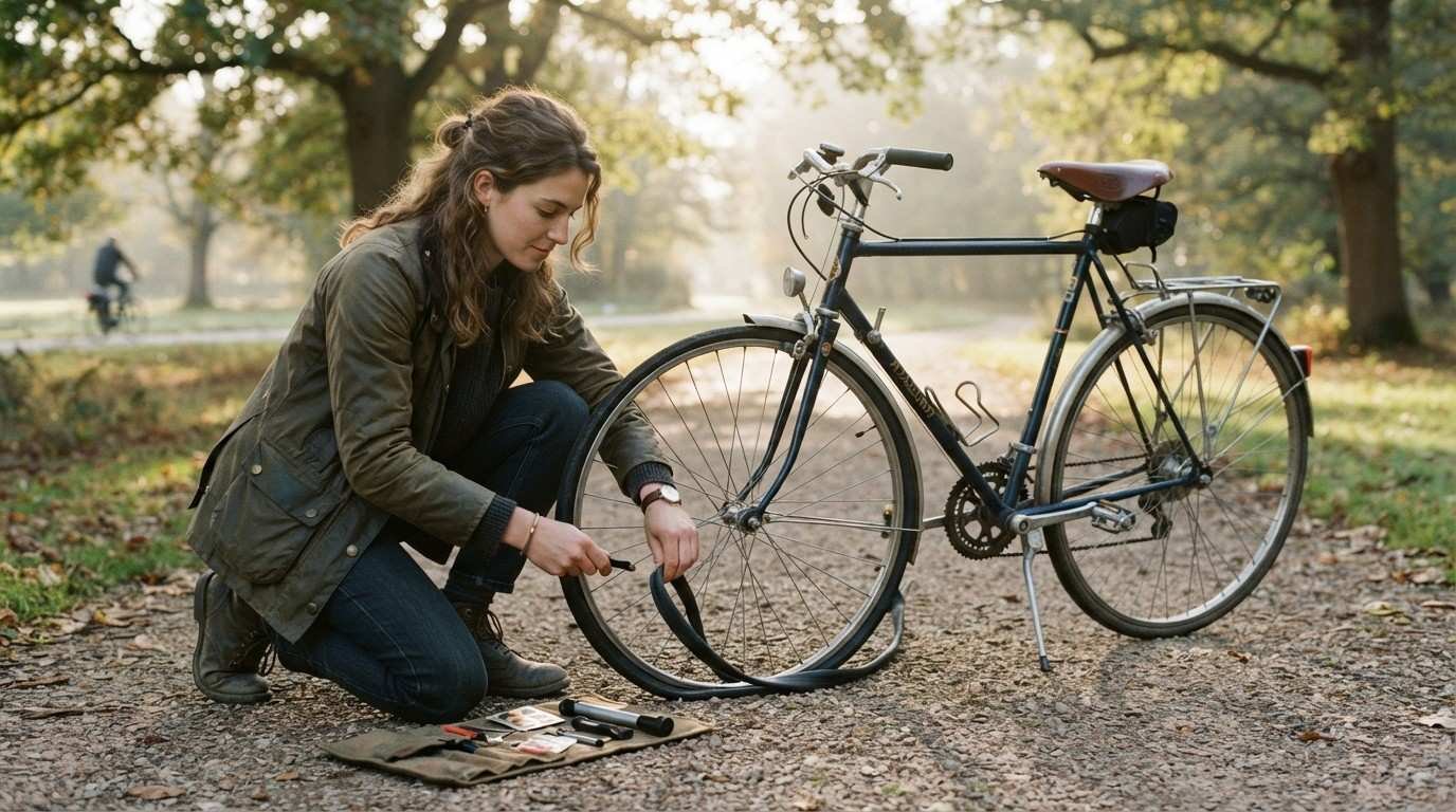 Woman Fixing Flat Bicycle Tyre Stay Calm
