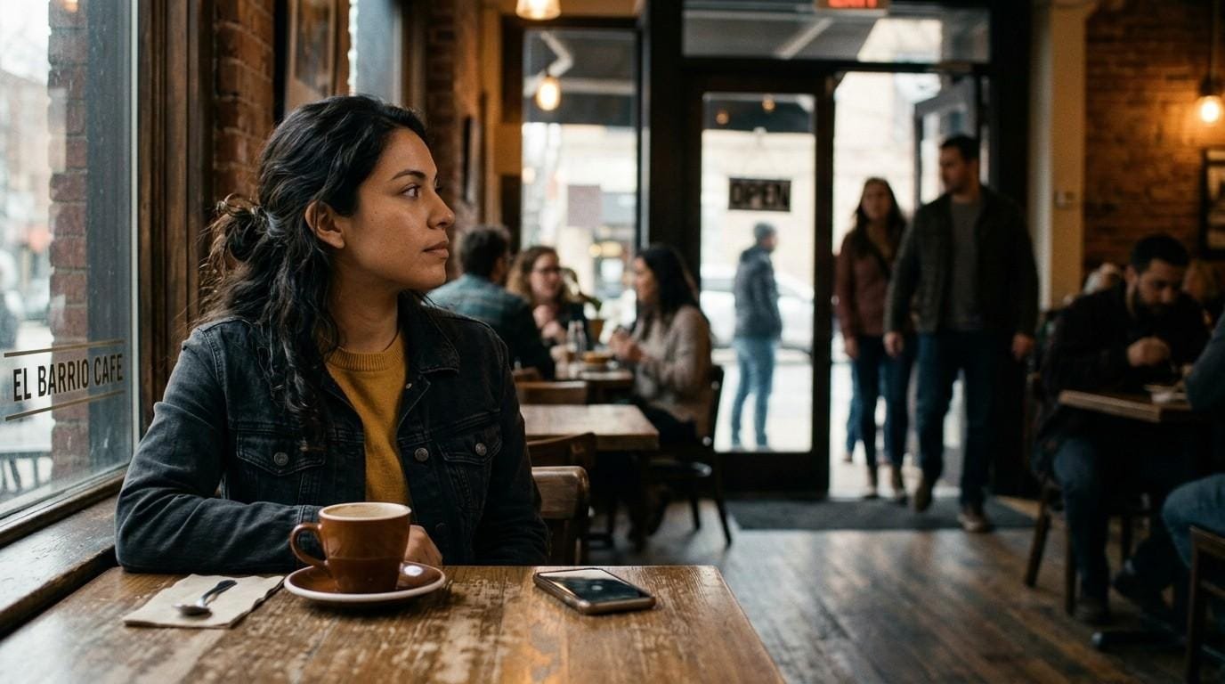 Woman Waiting In Cafe Breadcrumbing