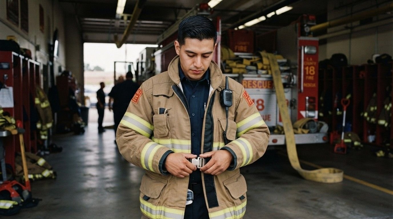 Male-Firefighter-Fastening-Protective-Jacket-Hagakure