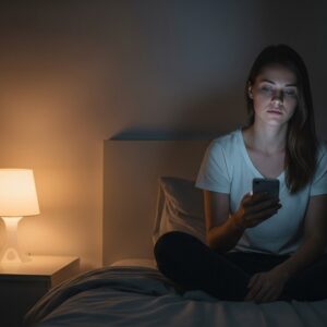 woman-in-bed staring-blankly-at-her-phone