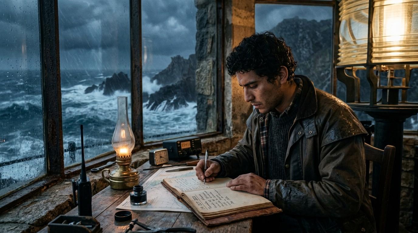 Lighthouse-Keeper-Writing-Logbook-Marcus-Aurelius