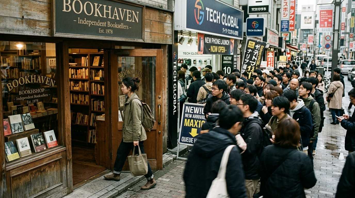Woman-Enters-Bookshop-Insteadof-Following-Crowd-Influencer-Culture
