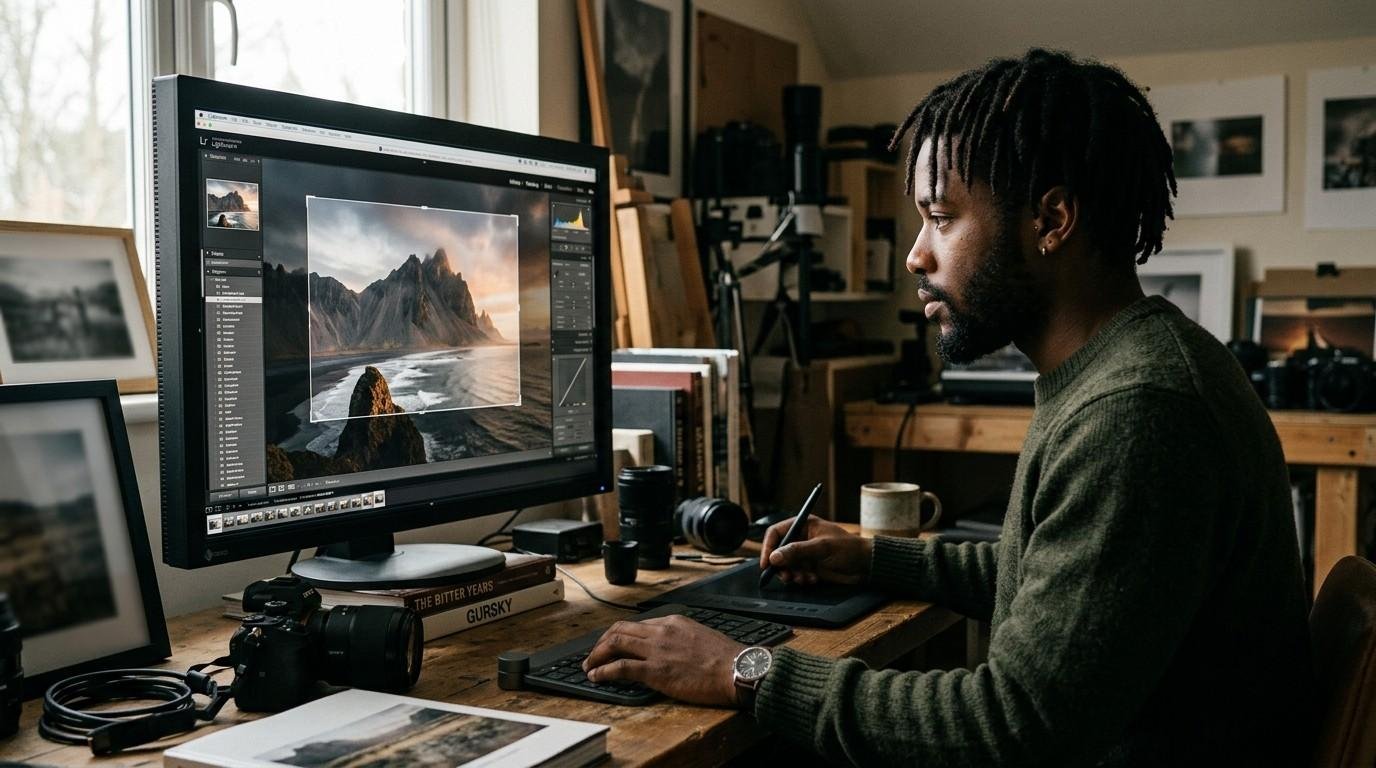 Photographer-Reviewing-Images-On-Monitor-Locked-In