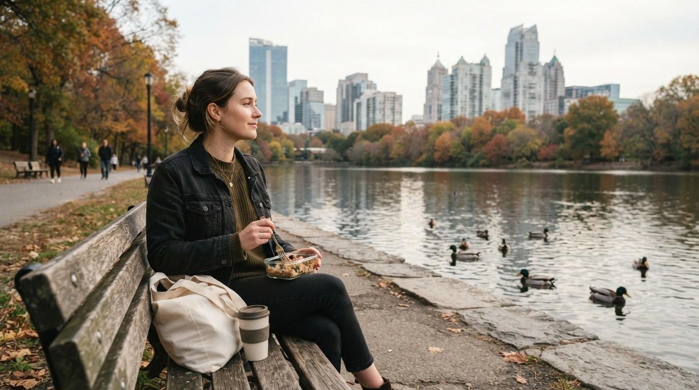 Woman-Eating-Lunch-by-Lake-Soft-Life