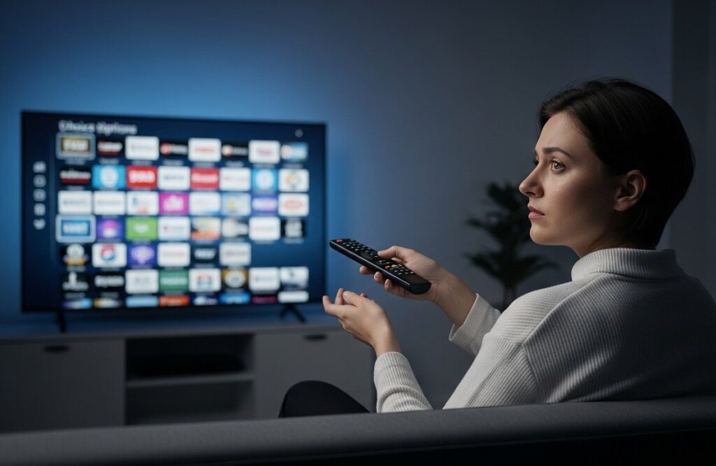 Woman-Sitting-In-Front-of-TV-With-Remote