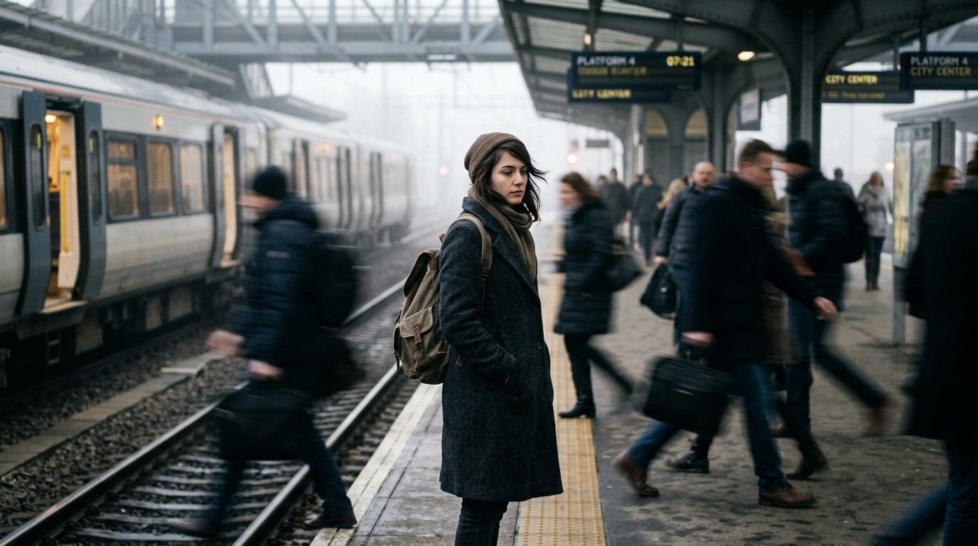 Woman-Standing-Still-On-Railway-Platform-Hustle-Culture