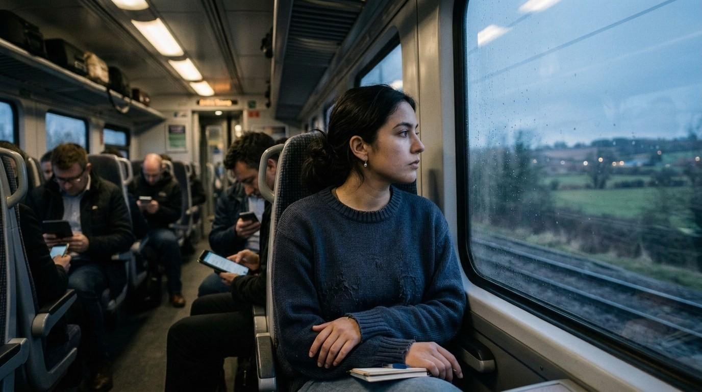 The Great Intellectual Decay: Can You Actually Reverse Brain Rot? 2 Commuter-Looking-Out-from-Train-Window-Digital-Minimalism