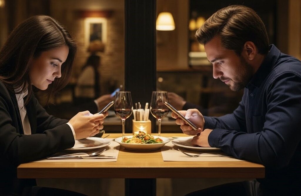 Two-Persons-At-Dinner-Staring-At-Their-Phones