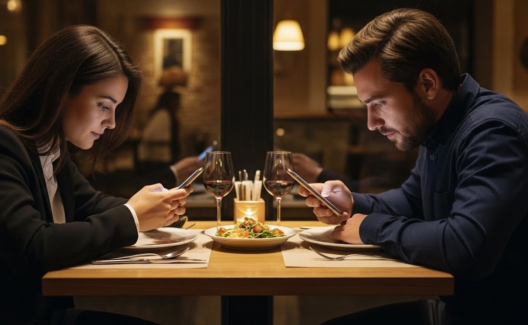 How to Reverse Brain Rot and Reclaim Your Ability to Think Clearly 9 Two-Persons-At-Dinner-Staring-At-Their-Phones