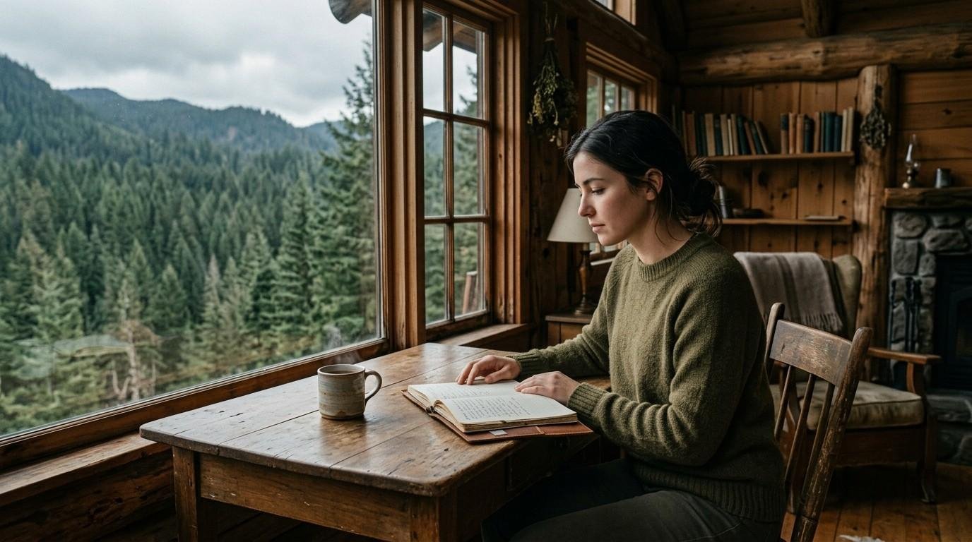 Writer Sitting In Mountain Cabin Monk Mode