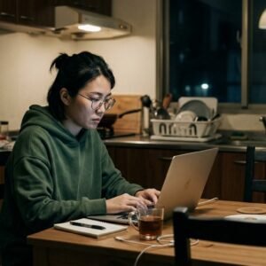 Woman-Typing-On-Laptop-Kitchen-AI-Psychosis