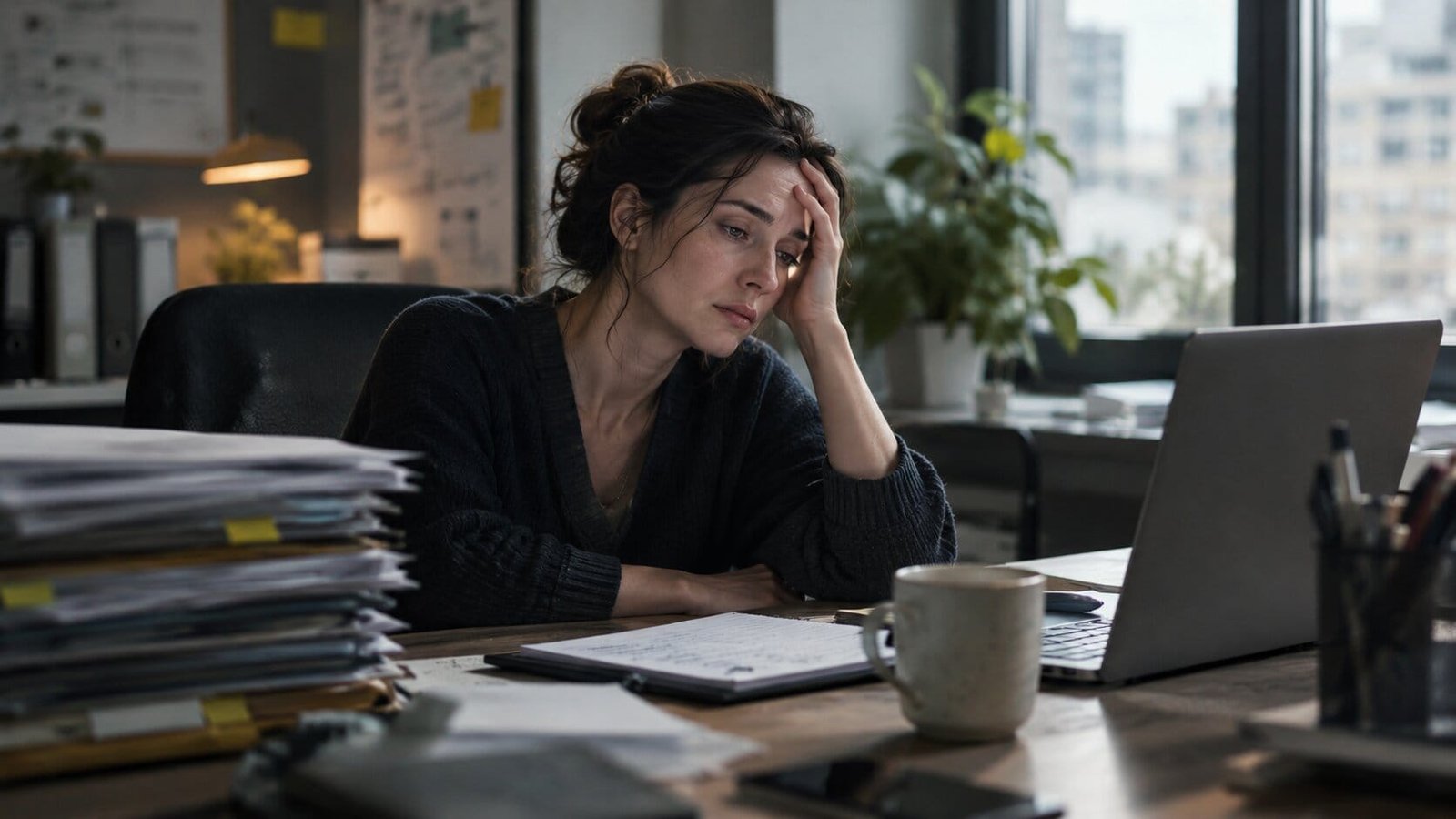 Quiet-Cracking-Woman-Sitting-At-Office-Desk-Burnout