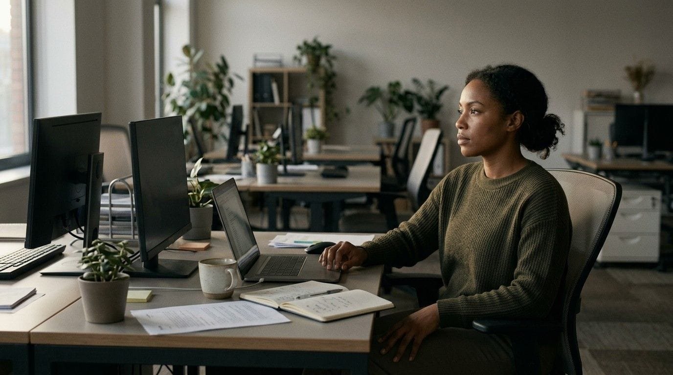 Woman-At-Work-At-Desk-Quiet-Cracking