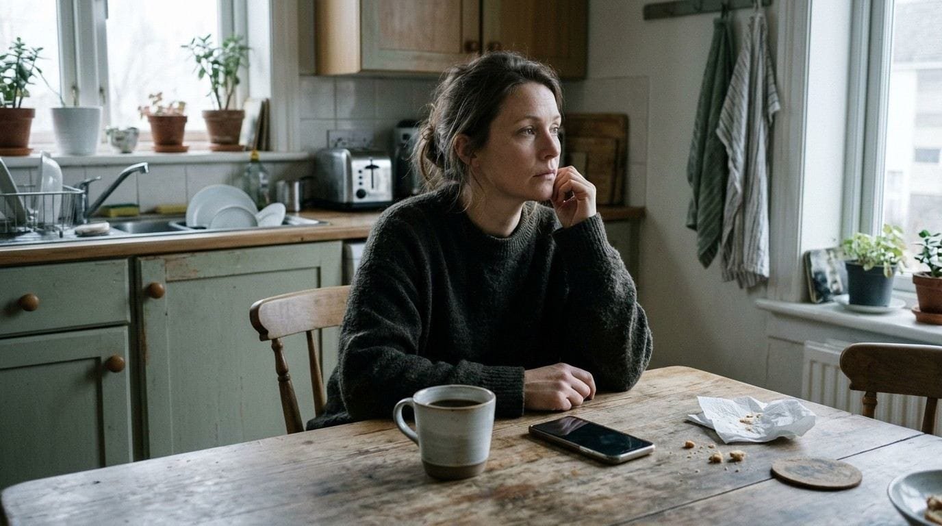 What AI Therapy Does to the Discomfort We Need 1 Woman-Sitting-At-Kitchen-Table-Ai-Therapy